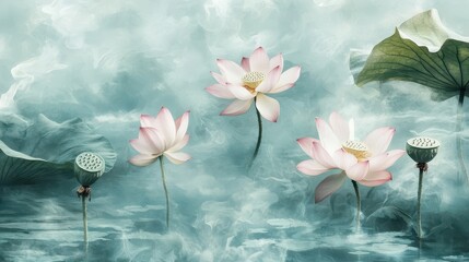 Soothing wallpaper of pink lotus flowers on rippling water with a misty peaceful background