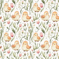 Floral watercolor pattern featuring adorable birds surrounded by pink and green botanical elements