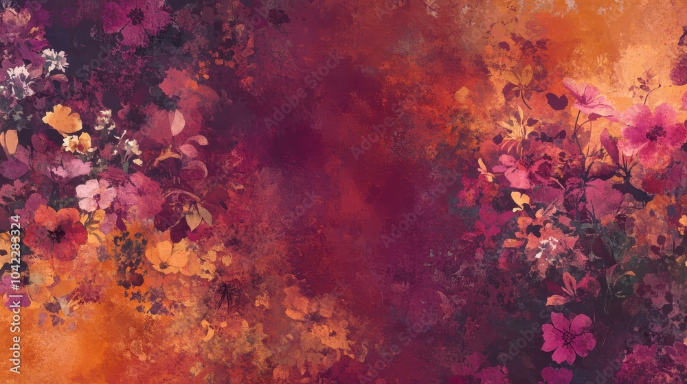 Sticker Abstract wildflower wallpaper with watercolor-like textures and a vibrant magenta-orange background