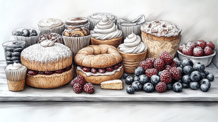 Sketch Style Vector Illustration of Bakery Still Life with R3dread Inspiration