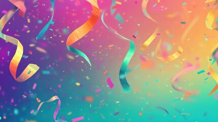 Retro wallpaper of vibrant confetti and streamers over a gradient background from violet to lime green