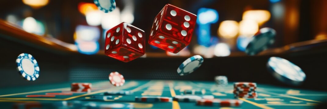 Red dice soar mid-air over a craps table, surrounded by scattered betting chips, as players anticipate the outcome of their bets. Generative AI
