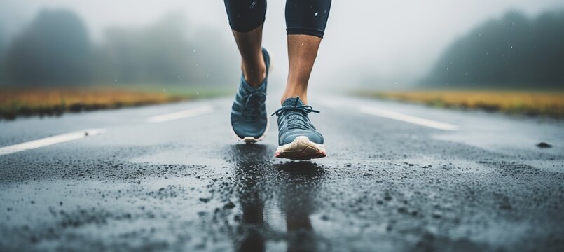 Runner enjoying a cloudy morning jog on a wet road surrounded by fog and nature