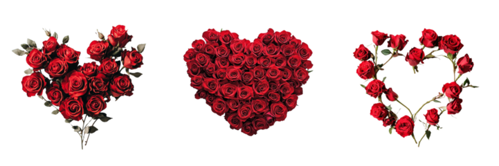 Valentine's Day Heart Made of Roses - Set of Three Images on transparent png background