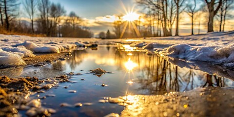 Reflection of sun on dirty water puddles, melting snow, spring depth of field