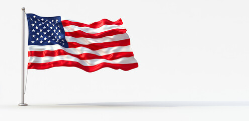 Fototapeta premium A large American flag is blowing in the wind. The flag is red, white, and blue and is attached to a pole. The flag is waving in the wind, creating a sense of freedom and patriotism