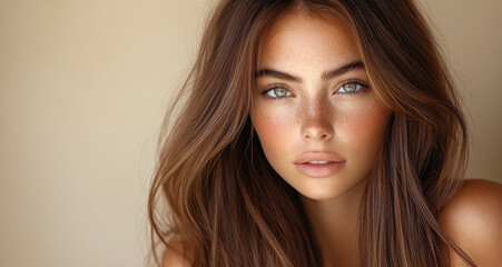 Naklejka premium A woman with long brown hair and green eyes. She has a tan complexion and is wearing a sleeveless top