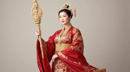 Elegant woman in traditional red attire holding a royal staff poses against a neutral background, showcasing intricate cultural details
