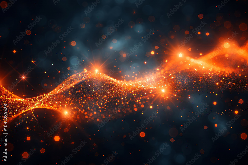 Poster bright orange waves of light weave through a dark backdrop, creating a mesmerizing display of sparkl
