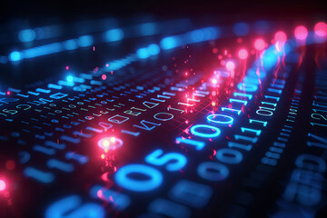 A vibrant display of binary code is illuminated by glowing red and blue lights, creating a dynamic and abstract atmosphere on a dark background.