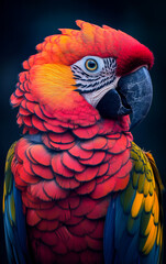 Obraz premium A colorful parrot with a red and yellow head and green and yellow feathers. The bird is looking directly at the camera