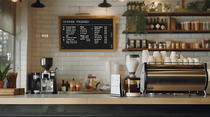 Coffee machine in coffee shop. Blurred background. 3d rendering
