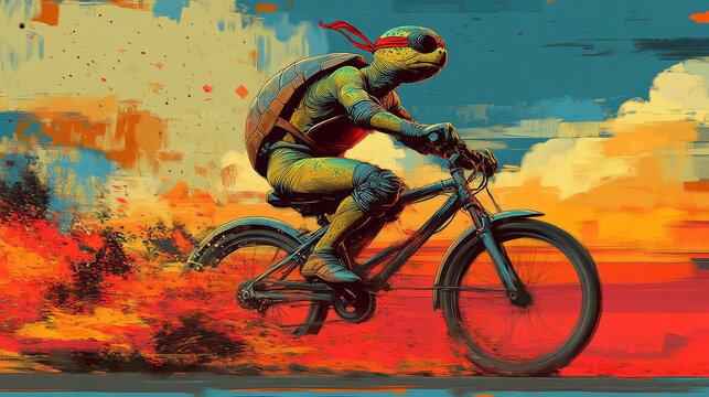 Cartoon Turtle Riding Bike Pinup Pop Art Retro Raste Illustration