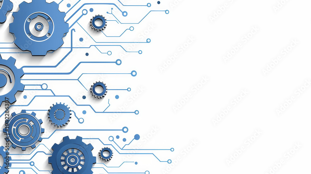 Poster a collection of blue gears interspersed with circuit patterns, creatively illustrating the connectio