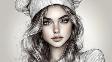 Sketch Raster Illustration of a Chef Girl in Red Reading Position with Unique Style