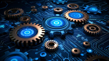 A collection of intricately designed gears with blue glowing centers rests on a dark circuit board. The tech-inspired layout highlights the fusion of mechanical and electronic components.