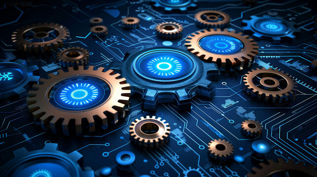 A collection of intricately designed gears with blue glowing centers rests on a dark circuit board. The tech-inspired layout highlights the fusion of mechanical and electronic components.