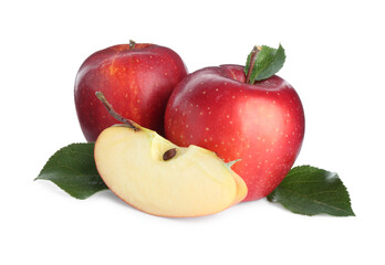 Whole and cut fresh apples isolated on white