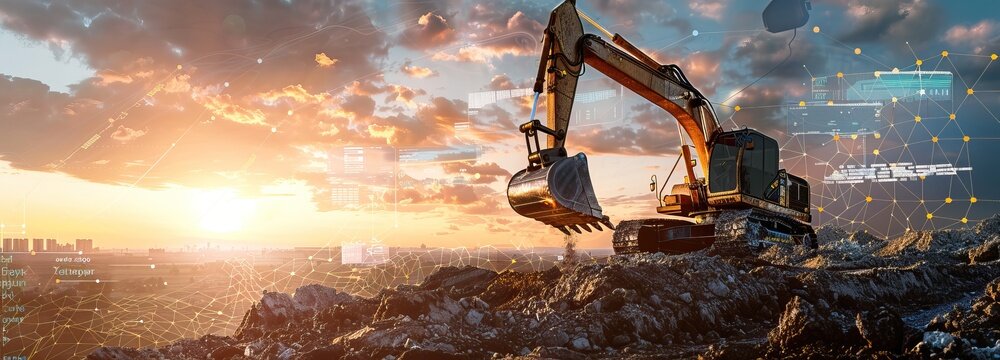 Excavator at Sunset on Construction Site with Futuristic Digital Technology and Data Visualization Overlay