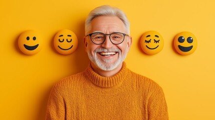 Smiling Senior Man with a Bright Expression on yellow Background.