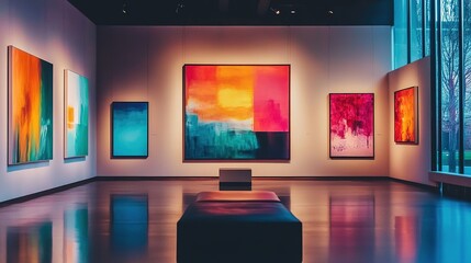 Colorful modern art displayed in a contemporary gallery with bright lights and sleek surfaces during a daytime visit