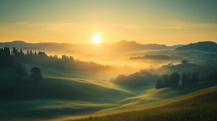 Captivating sunrise over rolling hills and misty valleys in a tranquil landscape at dawn