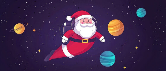 Naklejka premium A whimsical illustration of Santa Claus flying through space, surrounded by colorful planets and stars, blending holiday cheer with a cosmic theme.