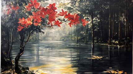 Red Flowers and a Tranquil Lake in a Misty Forest