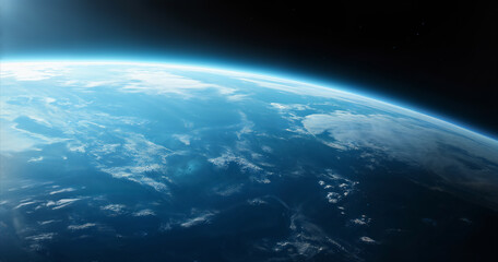Realistic photo of Earth from space, showcasing the planet's blue atmosphere and cloud formations against the dark backdrop of space. Concept of planet Earth and space exploration