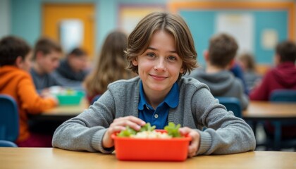 schoolboy having lunch in the school cafeteria