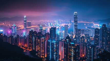 Obraz premium Aerial view of a vibrant urban skyline illuminated at night showcasing towering skyscrapers and busy streets in a metropolitan center