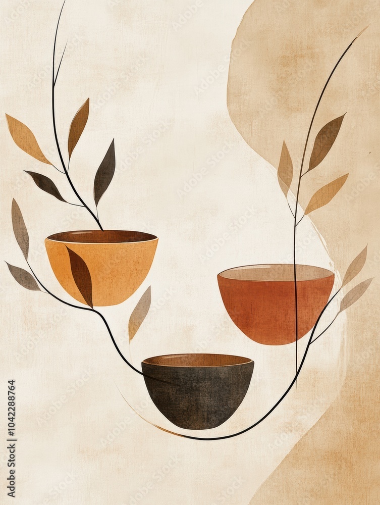 Poster harmonious tea leaves and cup shapes blend together, creating a soothing, minimalist composition tha