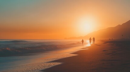 Fototapeta premium Silhouetted figures walking along a tranquil beach during a vibrant sunset in a tropical setting
