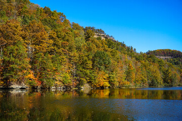 fall colors leaves, mountain over lake