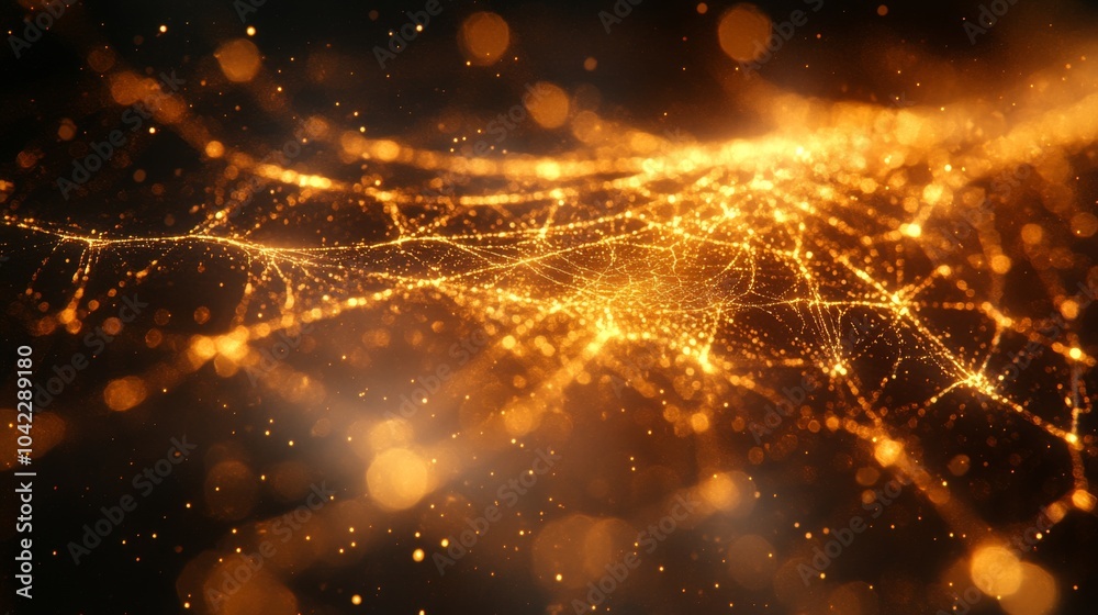 Poster Golden particles weave together, forming intricate patterns that shimmer in the darkness. The luminous display creates a captivating ambiance, drawing the viewer's eye to its beauty.