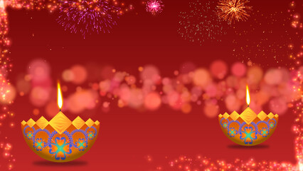 two beautiful oil lamps on red gradient colour background with Bokeh effect and fireworks
