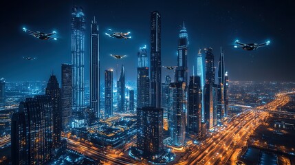 Fototapeta premium Vibrant city skyline illuminated at night with bustling traffic and towering buildings in a modern metropolis