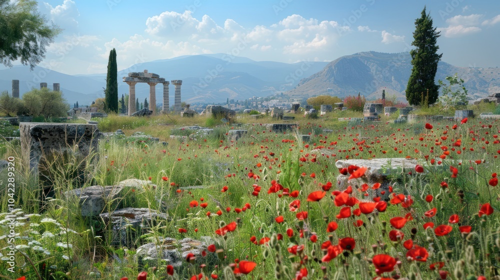 Canvas Prints Ancient Ruins amidst a Field of Poppies