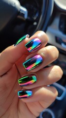 Close-up of multicolored chrome nails with holographic effect. Glossy manicure and modern nail art