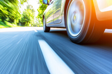 Close up of car wheels on road, showcasing high speed motion and dynamic movement. blurred background emphasizes speed and excitement of driving