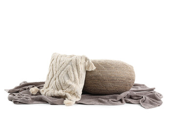 Pouf with cushion and plaid on white background