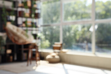 Hanging armchair, bookcase with books and pouf in interior of room. Blurred view