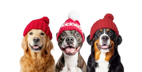 Three Winter Christmas Dogs Wearing Red Knitted Cap Isolated on White and Png Transparent Background