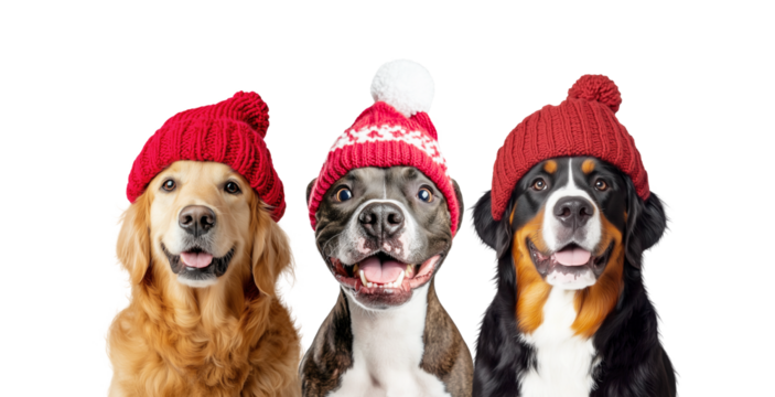 Three Winter Christmas Dogs Wearing Red Knitted Cap Isolated on White and Png Transparent Background