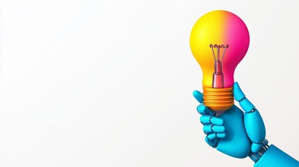 A robotic hand holding a vibrant light bulb symbolizing innovation and creativity in technology.