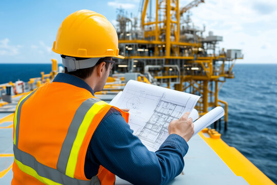 A petroleum engineer reviews plans on an offshore platform under sunny skies