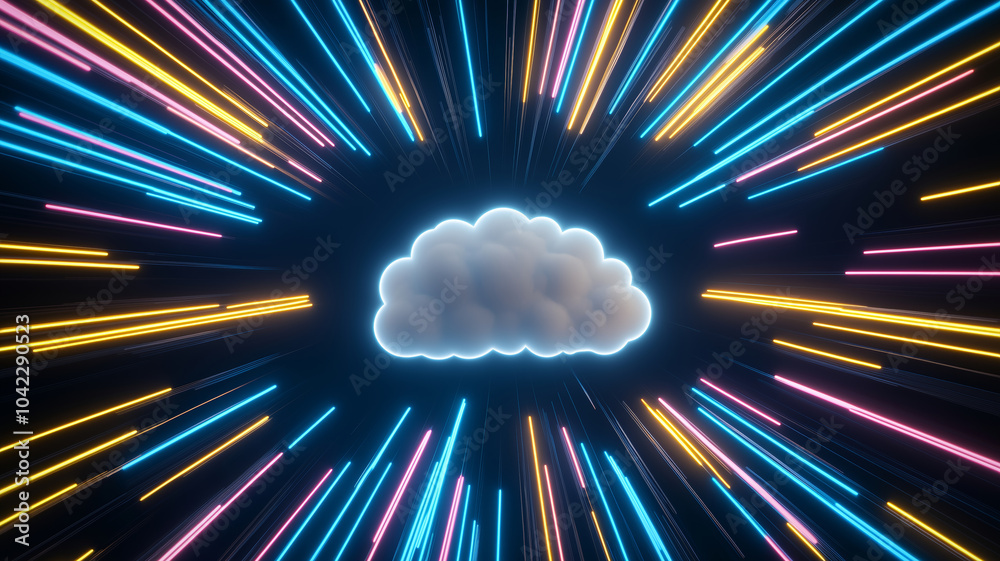 Poster Data streams radiate from a vibrant cloud in a dynamic digital environment