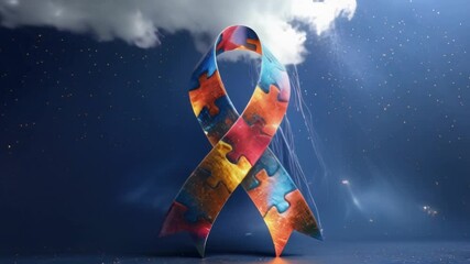 A vibrant autism awareness ribbon beautifully designed with a puzzle pieces pattern set against a starry backdrop - Powered by Adobe