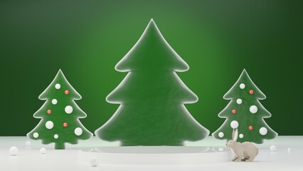 Green Christmas background with christmas trees and rabbit. Christmas backdrop with stand or white podium for your product, 3d rendering