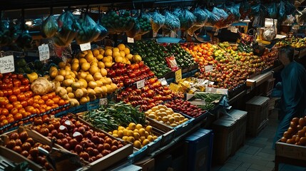 Obraz premium Fresh produce market showcasing vibrant fruits and vegetables in a modern grocery store setting during daylight hours
